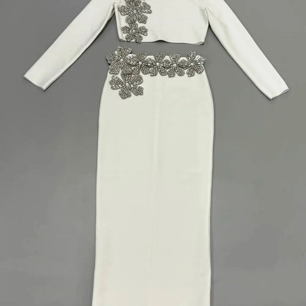 2024 Sexy Women's Bandage Skirt Set Stand up Collar Long Sleeve Nail Bead Water Diamond Short Top+Long Dress Two Piece Set WHITE