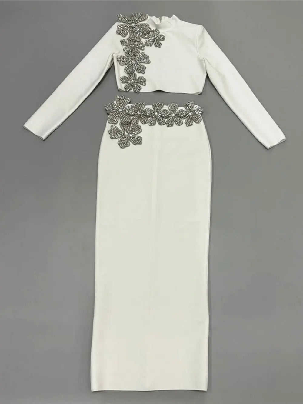 2024 Sexy Women's Bandage Skirt Set Stand up Collar Long Sleeve Nail Bead Water Diamond Short Top+Long Dress Two Piece Set WHITE