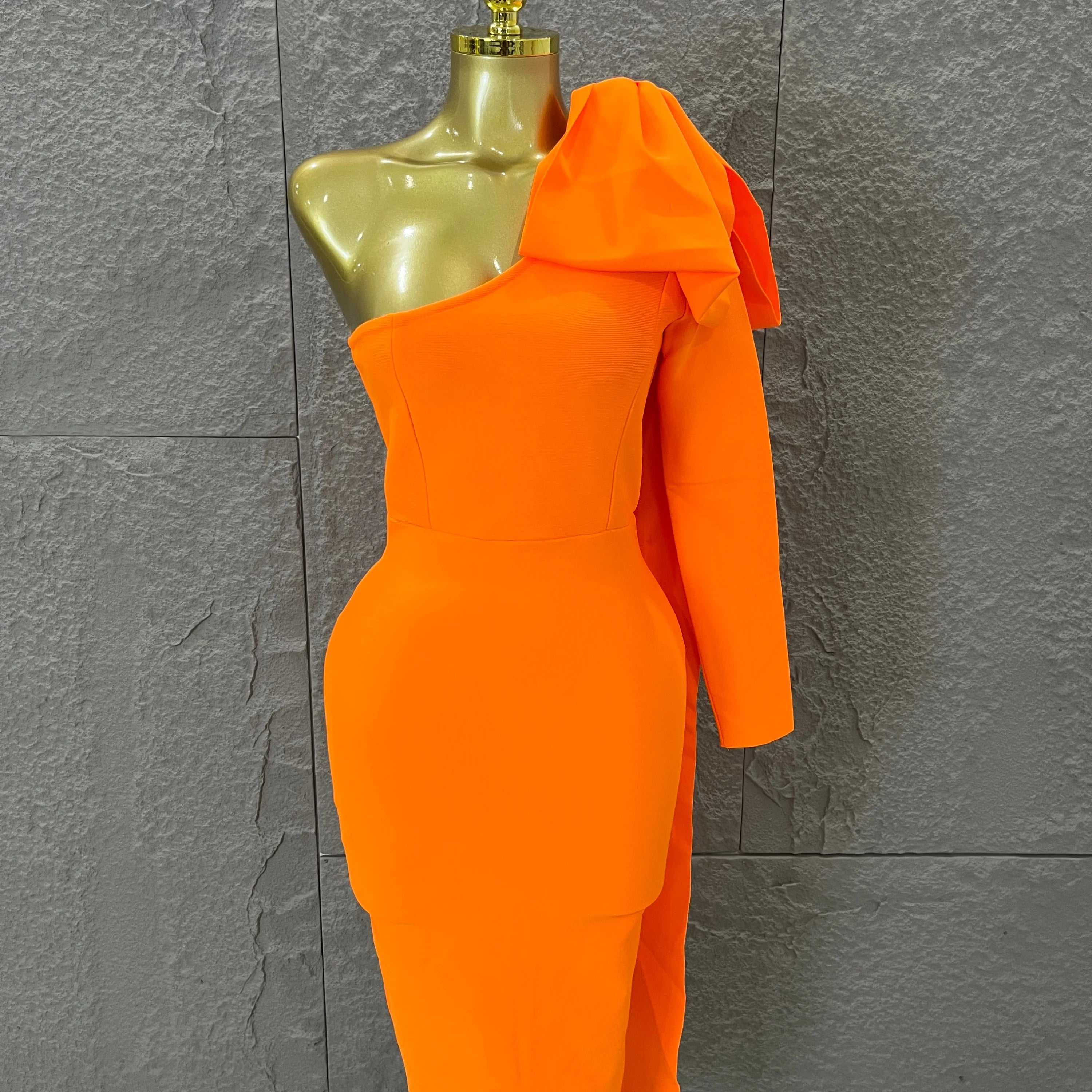 Vibrant Orange Single Sleeve Bow Shoulder Bandage Dress Slim Fit Midi Evening Birthday Nightclub Banquet Formal Dinner Outfit