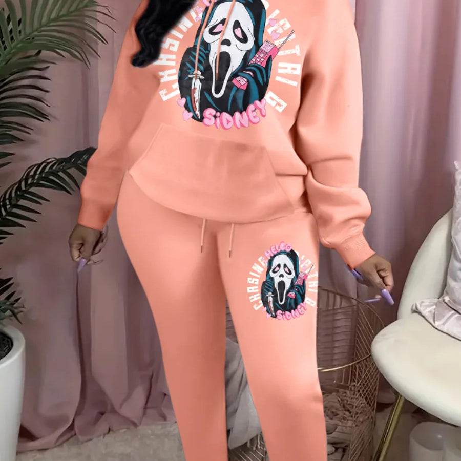 LW Plus Size Buttefly Lip Letter Print Tracksuit Set Hooded Collar Pocket Design Graphic Long Sleeve Winter Outfits for Women Fan Fare