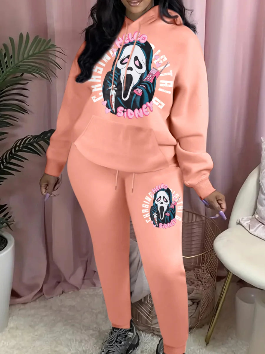 LW Plus Size Buttefly Lip Letter Print Tracksuit Set Hooded Collar Pocket Design Graphic Long Sleeve Winter Outfits for Women Fan Fare