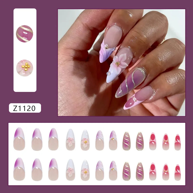 24pcs Pink Flower Press on Nails Ins Sweet Petals Print False Nails for Girl Wearable Reusable Fashion Almond Fake Nail Tips 4