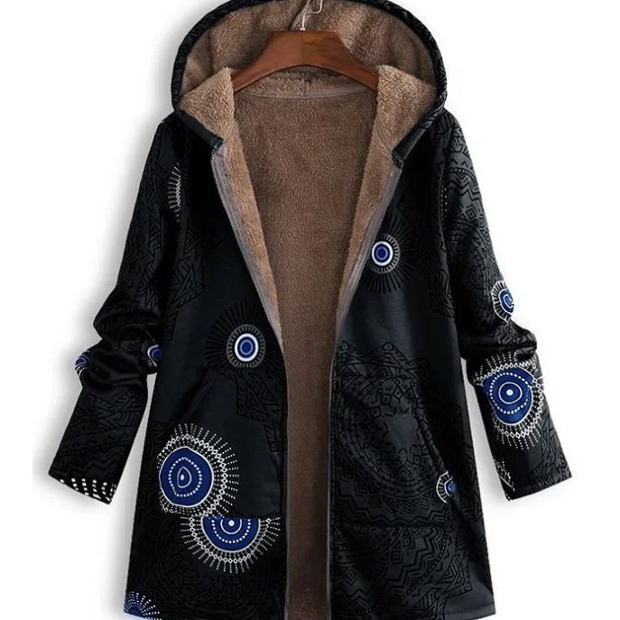 Thickened Zipper Hooded Coat Coat Coat Autumn and Winter New Cotton and Hemp Coat Women's Vintage Warm Printing Pocket black