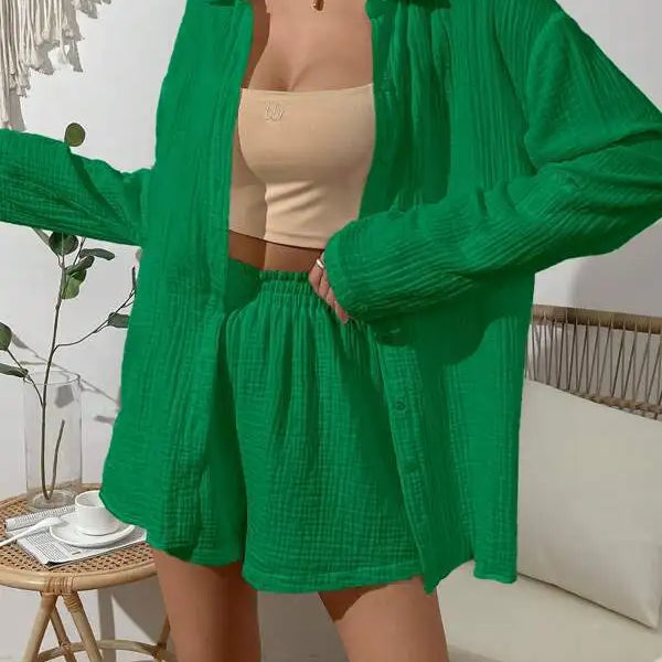 100% Cotton Gauze Muslin Sets For Women 2 Pieces Long Sleeve Shirts And Loose High Waist Mini Shorts Sets Ensemble Femme green