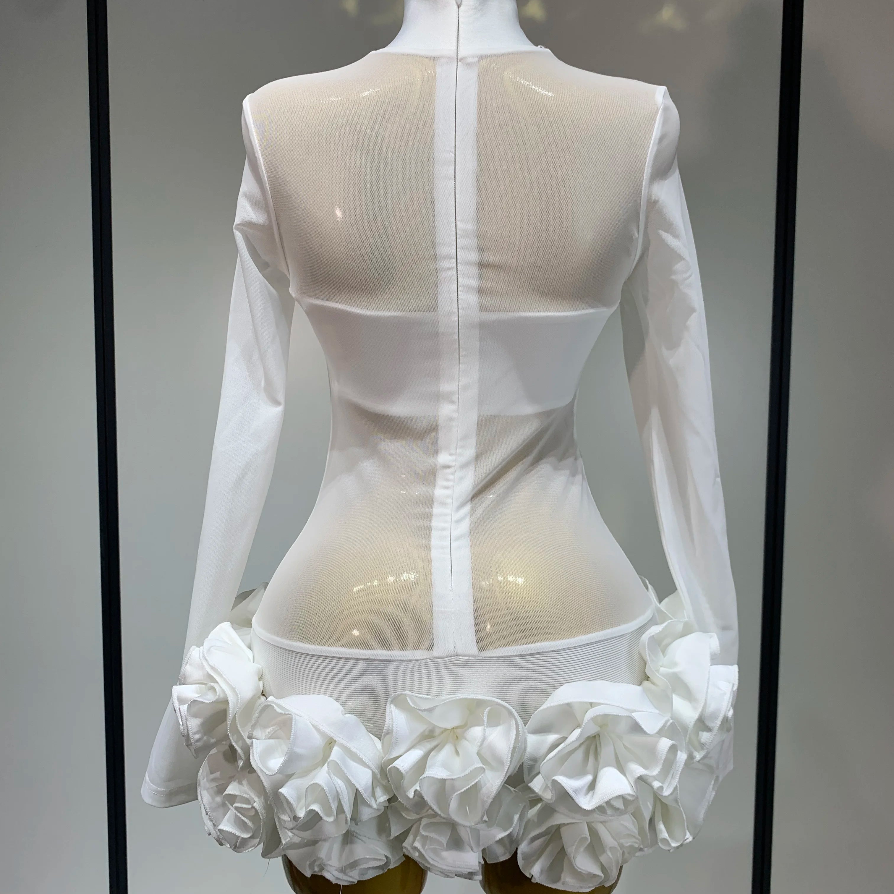 Women Sexy Mesh See through Stereoscopic Flowers White Red Mini Bandage Dress Birthday Evening Party Club Singer Perform Costume