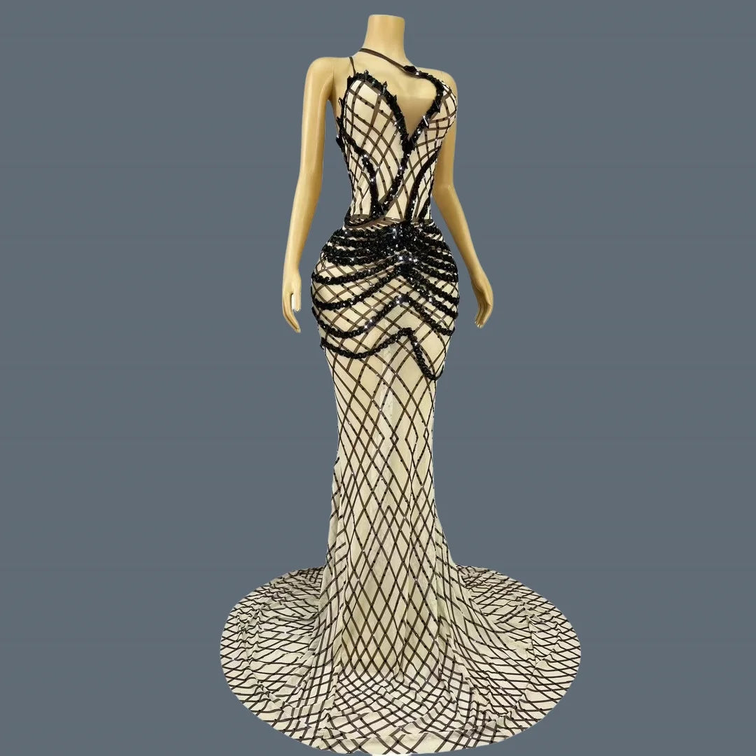 Black Sequins Grid Floor-length Dress for Women Luxury Dinners Deep V Neck Ball Dress Club Celebrate Party Strap Dress Kunsuo