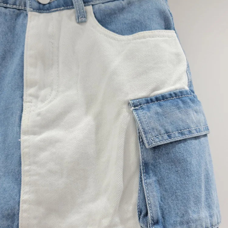 DEAT Women's Denim Skirt Contrast Color Patchwork Big Pockets Wrap Hip A-line Cargo Mini Skirt Summer New Fashion 29L6817