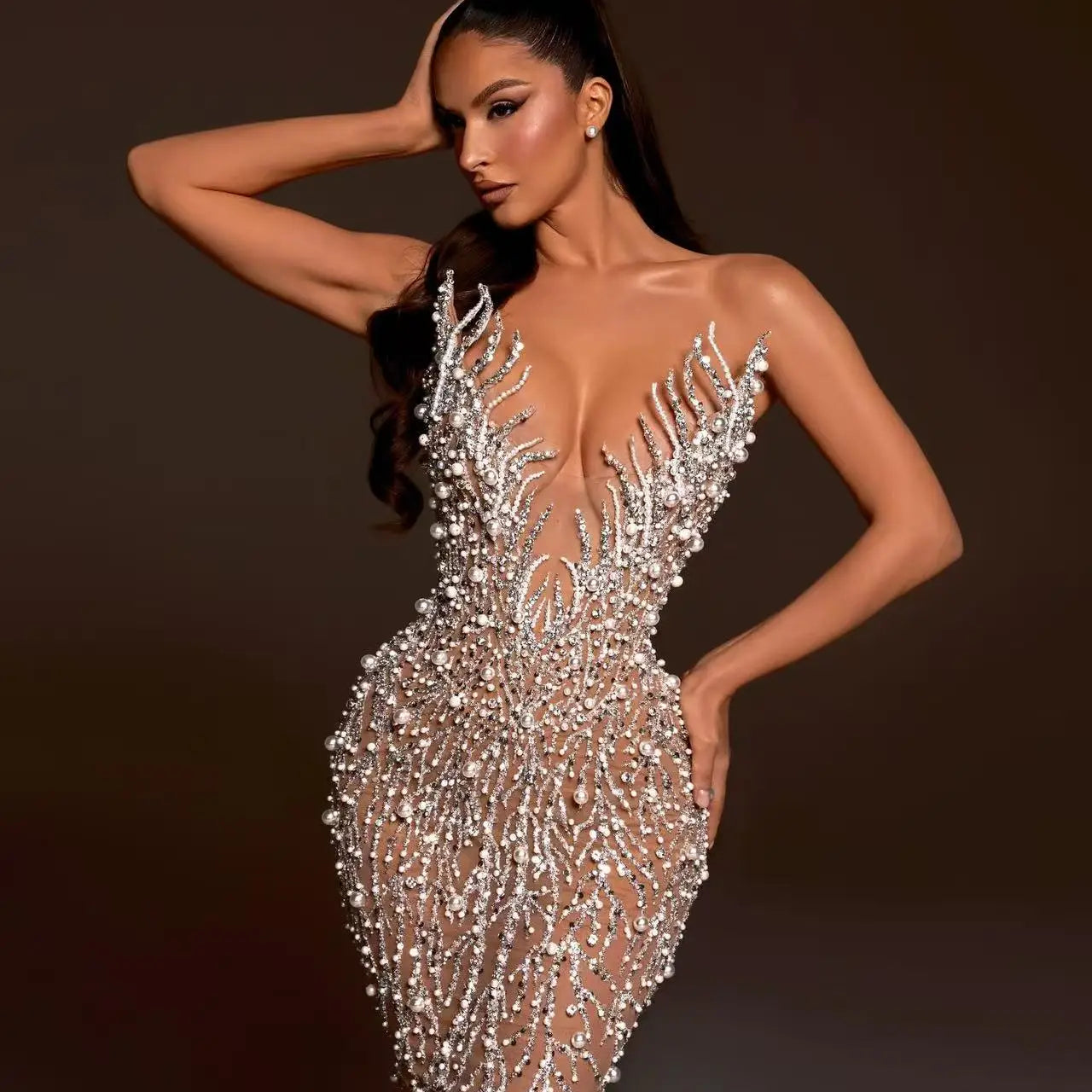 Haute couture Wedding Party dress Sequin embroidery Pearl Beading Sexy V－Neck Strapless Dress Celebrity Birthday Party Outfit
