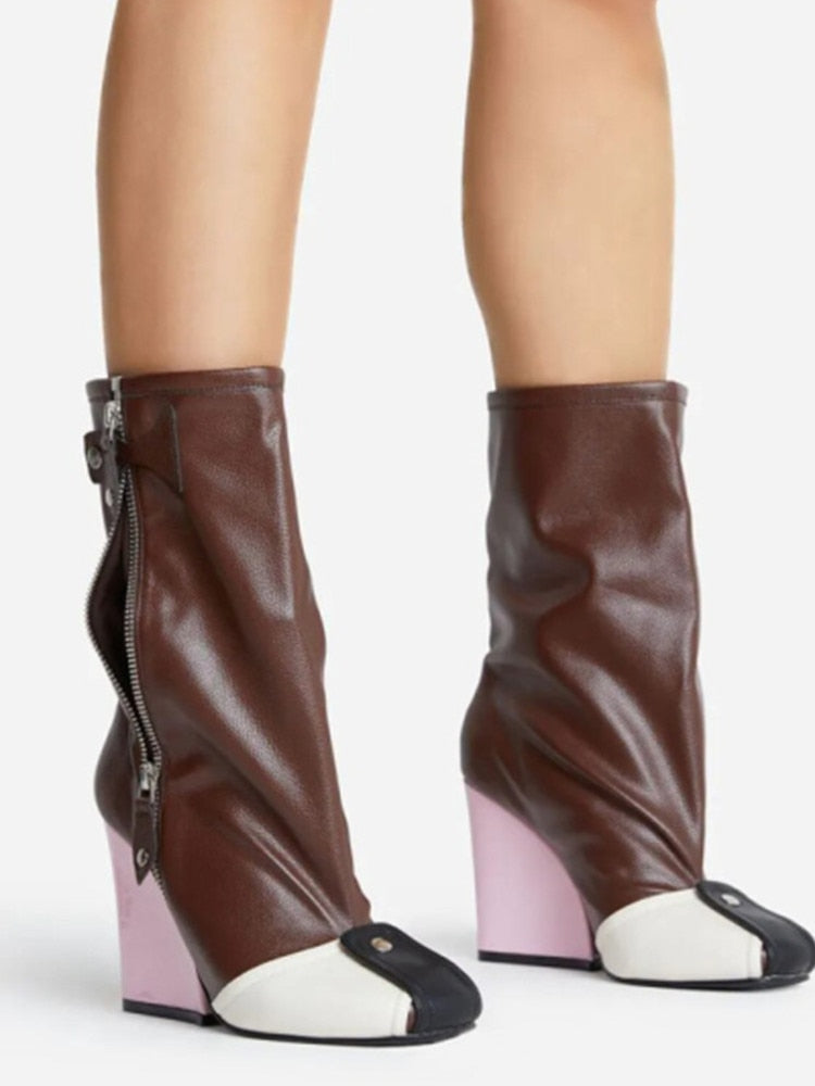 Punk Fan Motorcycle Boots Wome's Zipper Thick Sole Knee High Boots European and American Trend Nightclub Party brown pink heel 2