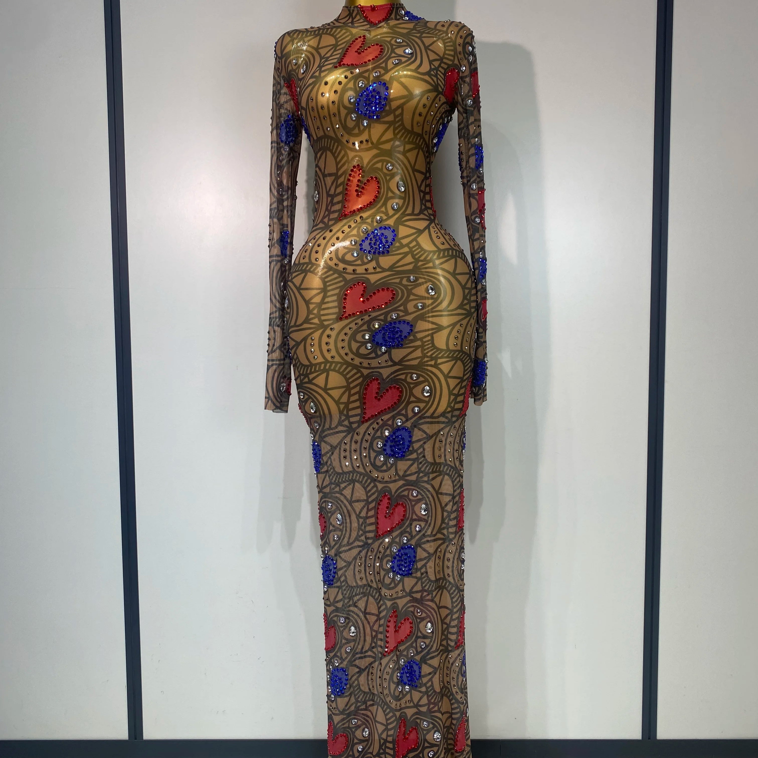 Sparkly Diamond Sexy Mesh Wrap Hip Long Dress Host Annual Meeting Party Nightclub Performance Costume Luxury Birthday Dress MULTI