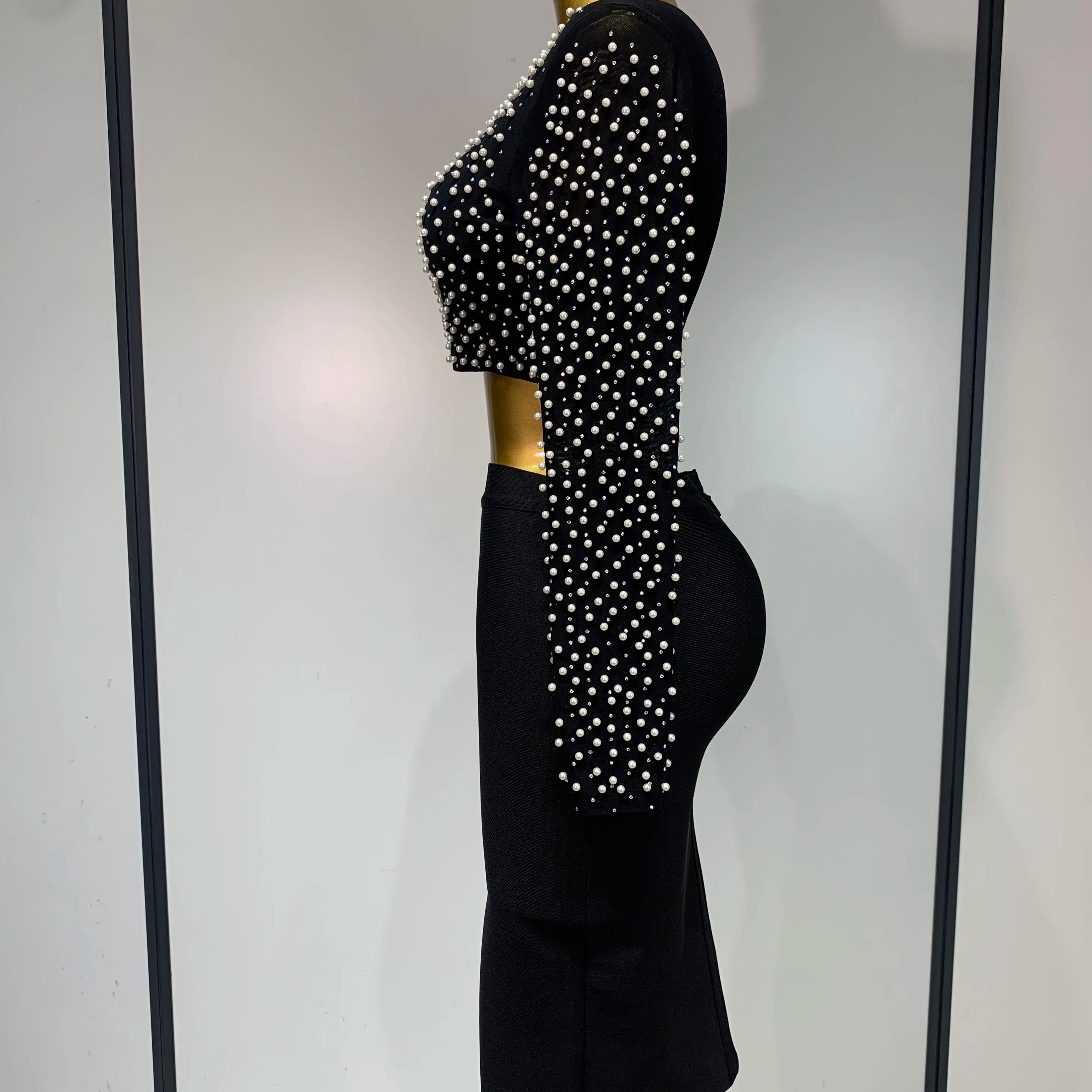 Women Sexy Long Sleeve Mesh Pearl Black Top Celebrity Midi Women Bandage Set 2025 Designer Evening Party Birthday Two Piece Set