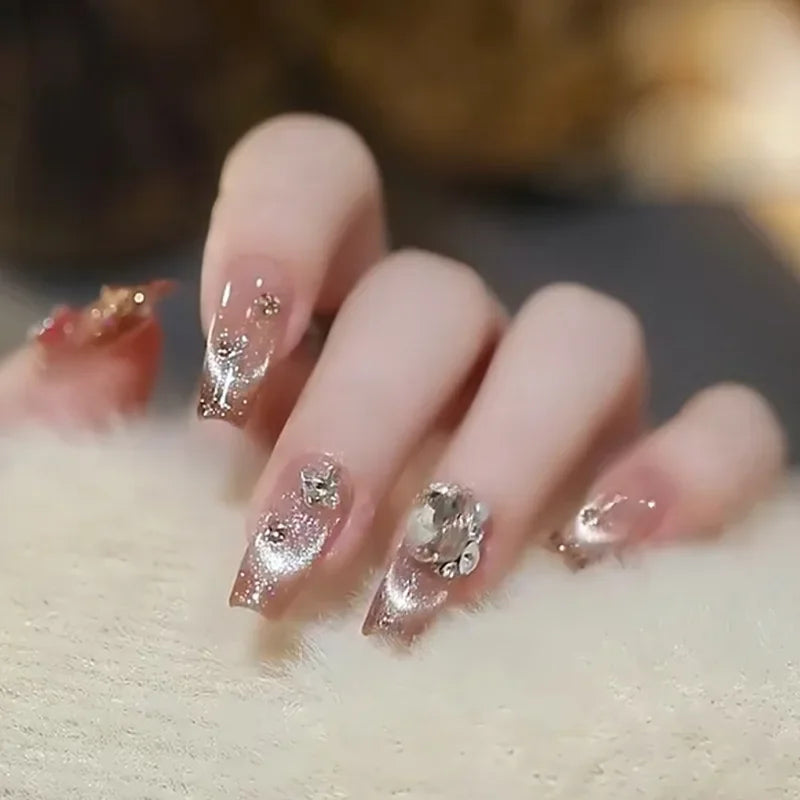 24Pcs False Nails French Gradient Ballet Fake Nails Press on Nails Black Heart Rhinestone Design Glitter Full Cover Nail Tips 36