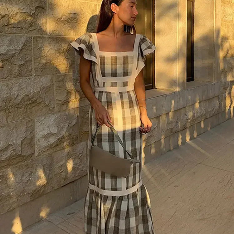 Vintage Plaid Flying Sleeve Shoulder Midi Dress Elegant Spliced Square Collar High Waist Vestidos Spring High Street Female Robe