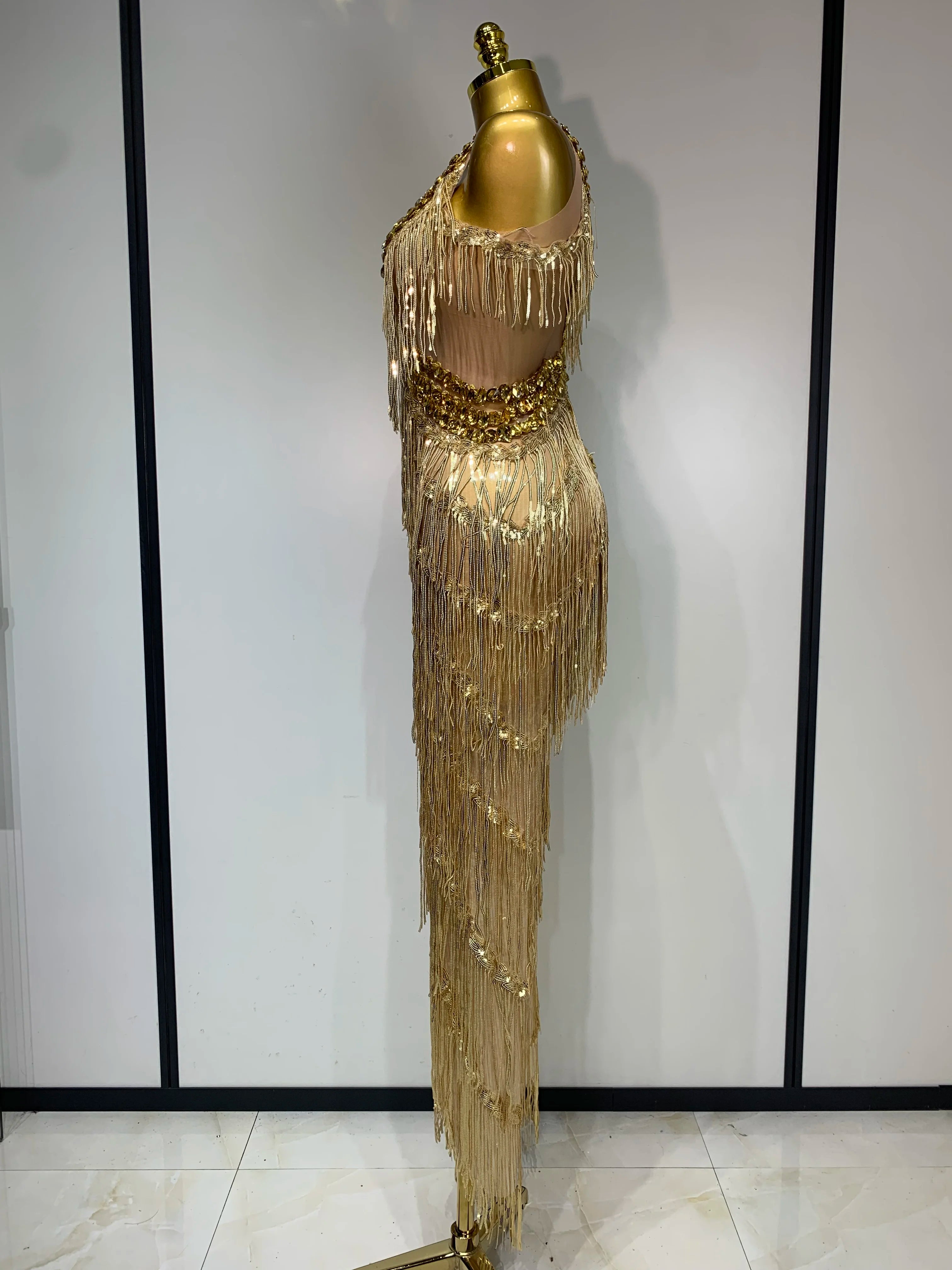 Women Sparkly Glod Rhinestones Sequined Fringe jumpsuit Sexy Nightclub Party Birthday Outfit Show Singer Stage Perform Costume