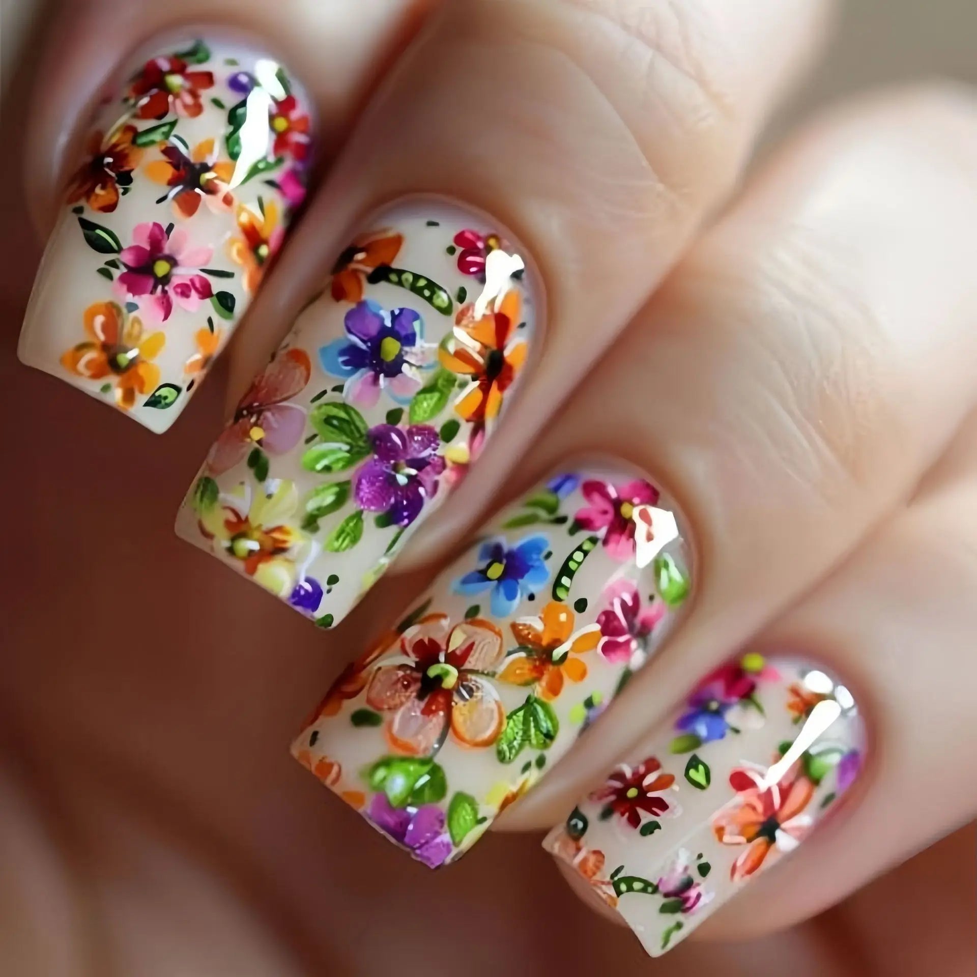 24pcs/set Medium long fake nails square ballet tips flowers butterfly for spring summer season blue green press on false nail 2157