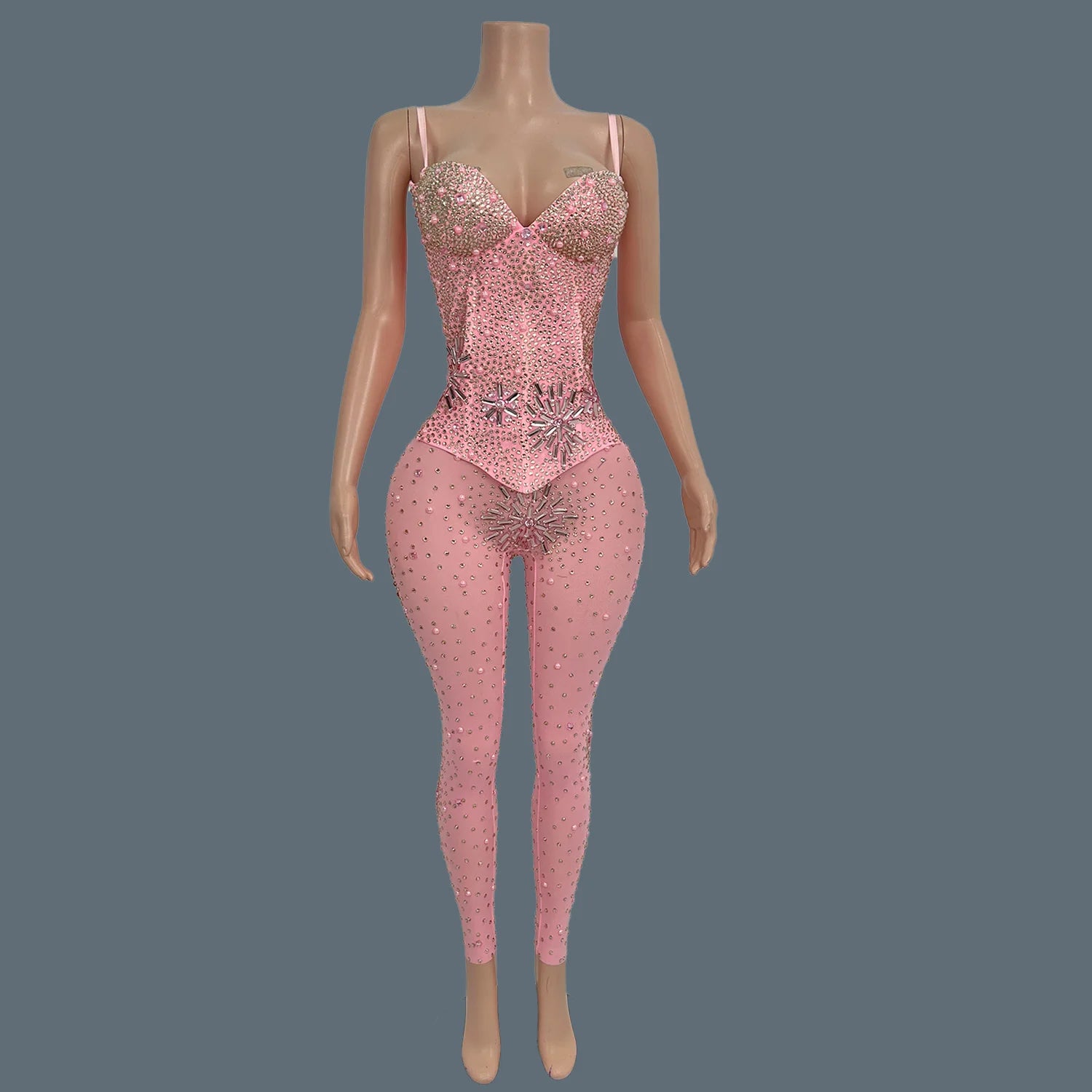 Sparkly Rhinestone Spandex Sleeveless Bodysuit Women Sexy Sheer Mesh Birthday Party Outfit gig Dance Performance Wear Niubujiao Pink