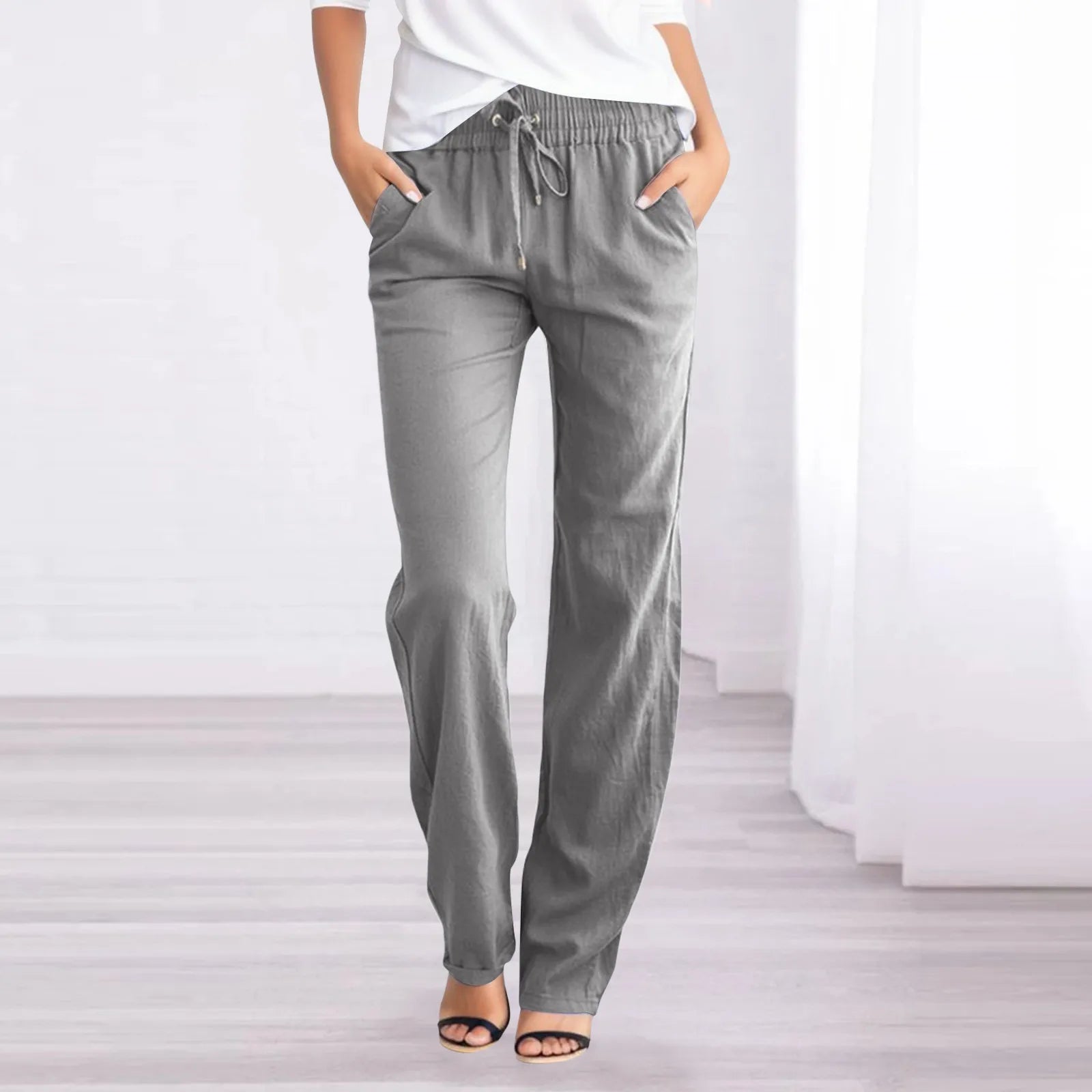 Solid Casual Straight Pants Elastic Waist Drawstring Long Pants Loose Daily Versatile Women Pants Retro Women Casual Trousers Grey