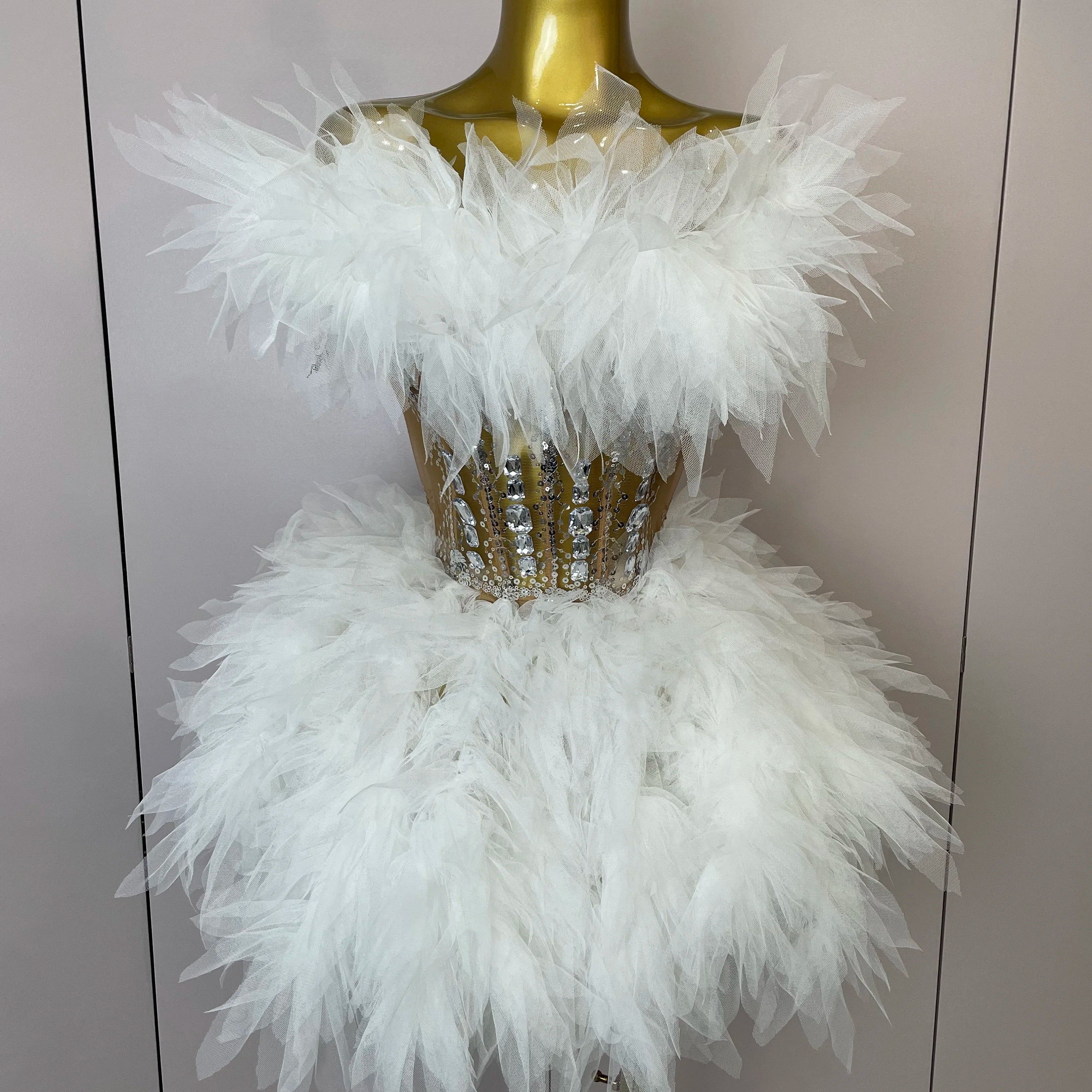 2025Women Sexy Backless Strap Mesh Fluffy Skirt 2 Pieces Diamond Sequins Stage Performance Costume Birthday Party Shooting Dress WHITE
