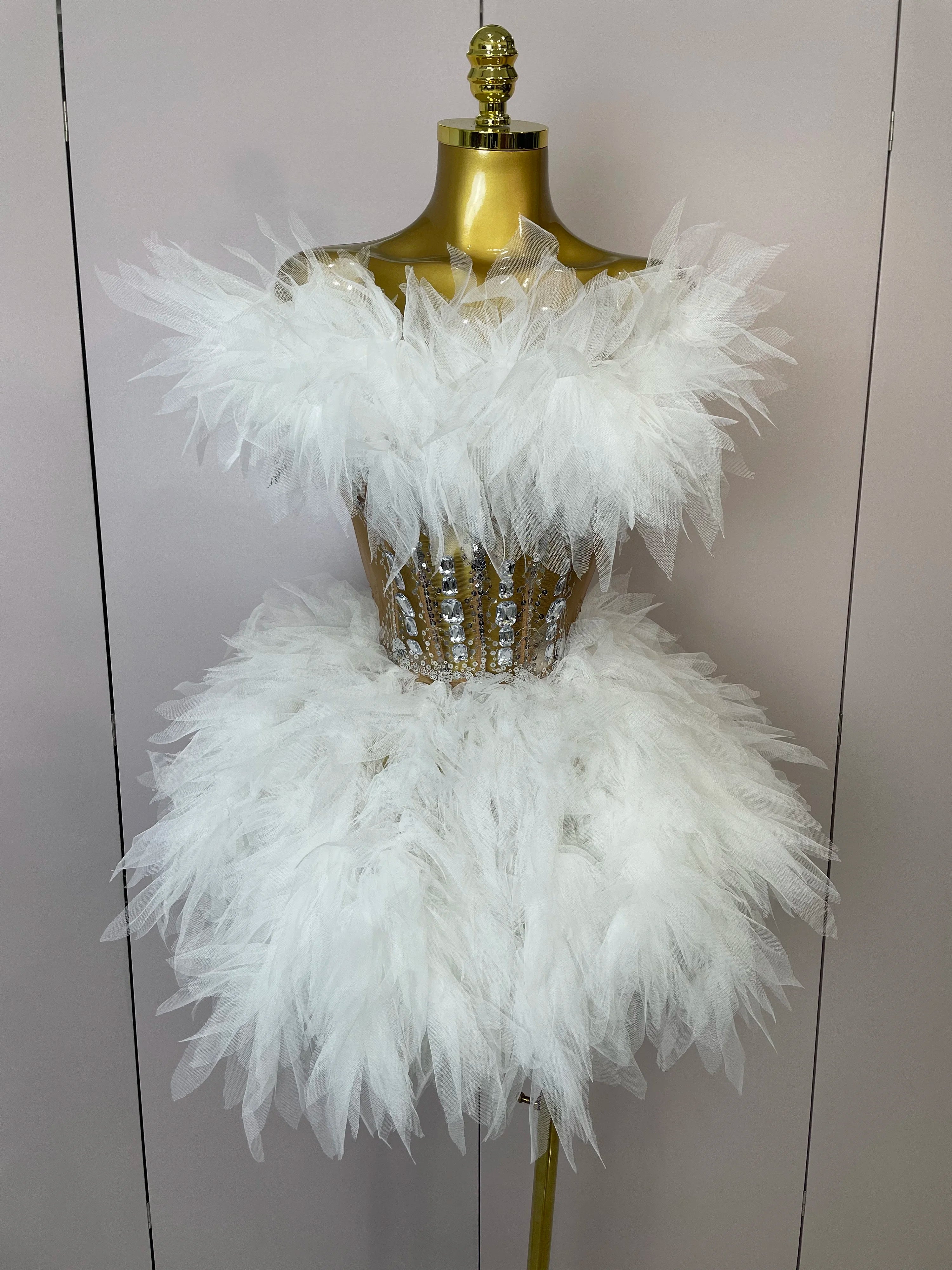 2025Women Sexy Backless Strap Mesh Fluffy Skirt 2 Pieces Diamond Sequins Stage Performance Costume Birthday Party Shooting Dress WHITE