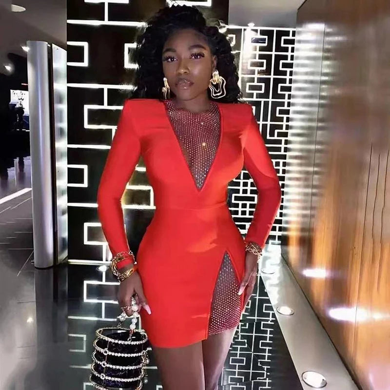 Black New Winter Black Beading Long Sleeve Dress Sexy Hollow Out Sheath Mini Club Celebrity Runway Party Dress Red