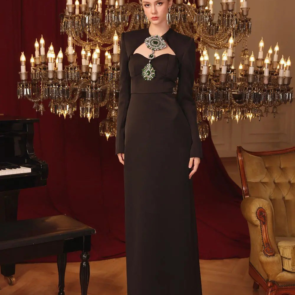 Top Women Long Sleeve Shinning Crystal Keyholes Bodycon Bandage Long Dress Elegant Evening Party Celebrate Outfit