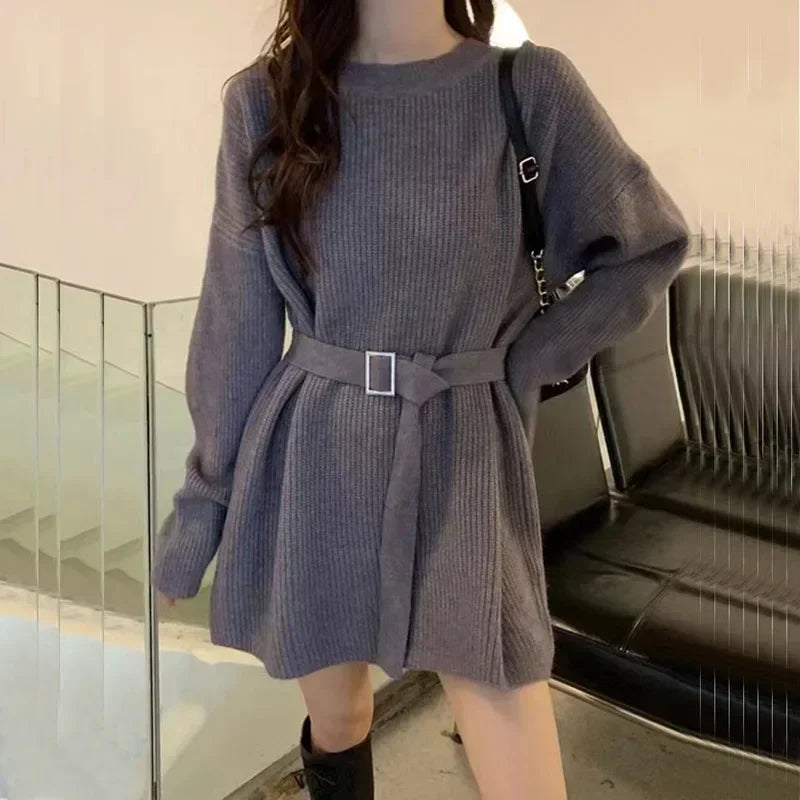 Autumn Winter Women's Long Sweater Dress with Blet Thick O Neck Knitted Pullovers Lady Korea Fashion Oversize Sweater Women GRAY One Size