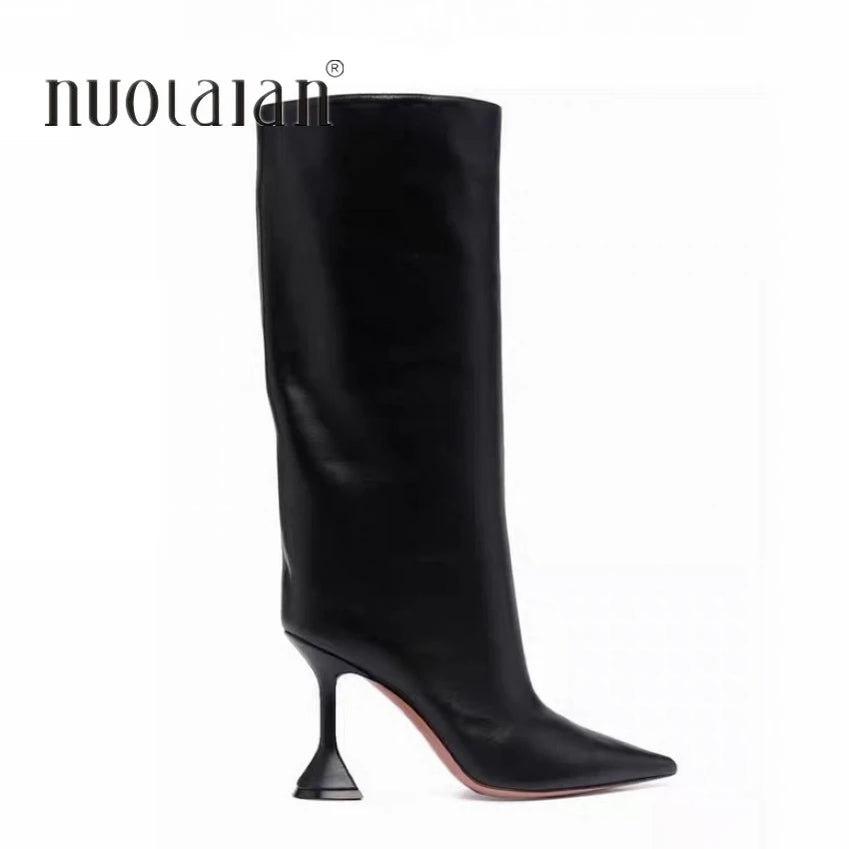Women's Knee High Boots Pointed Toe Long High-heeled Boots Designer Luxury Brand Women's Leather Boots DTCX black