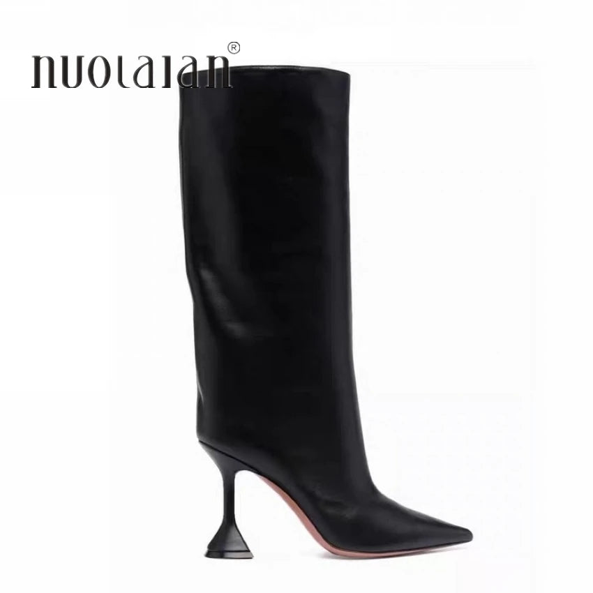 Women's Knee High Boots Pointed Toe Long High-heeled Boots Designer Luxury Brand Women's Leather Boots DTCX black