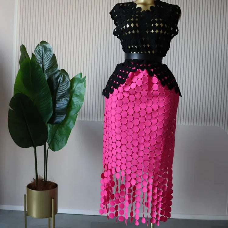 CM.YAYA Women Cutout O-neck Crop Top and Bodycon Midi Slim Maxi Long Skirt Suit 2025 Summer Vacation Sexy Two 2Piece Set Outfits