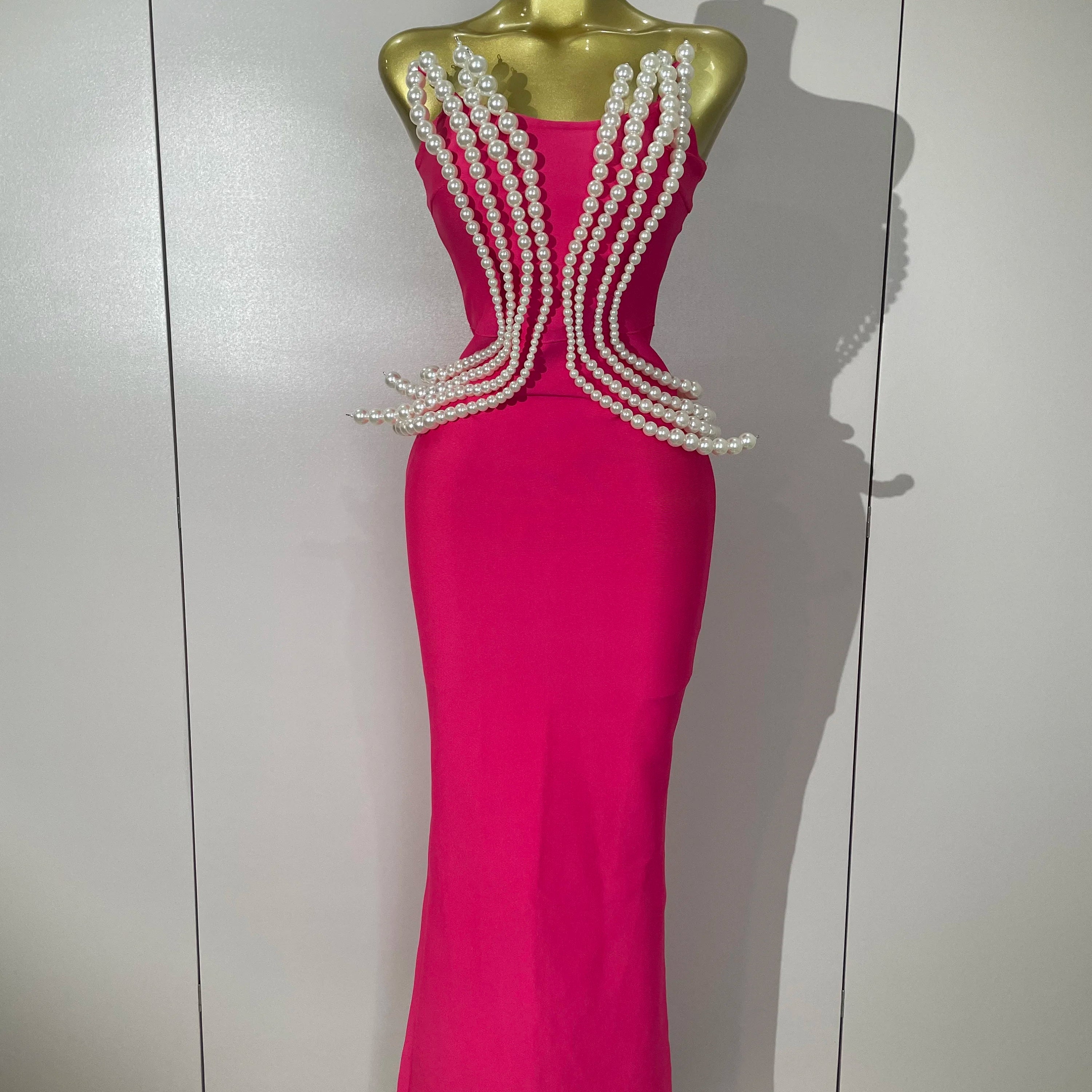 2025 New Sexy Strapless Pearl Beading Bodycon Long Bandage Dress Women Fashion Elegant Evening Party Luxury Birthday Dresses Rose Red
