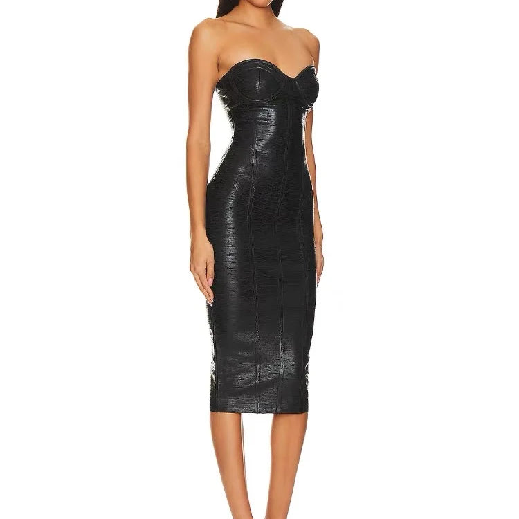 Black Foil Color Women Sexy Strapless Bodycon Bandage Dress Fashion Celebrate Evening Party Birthday Photo Shoot Dress