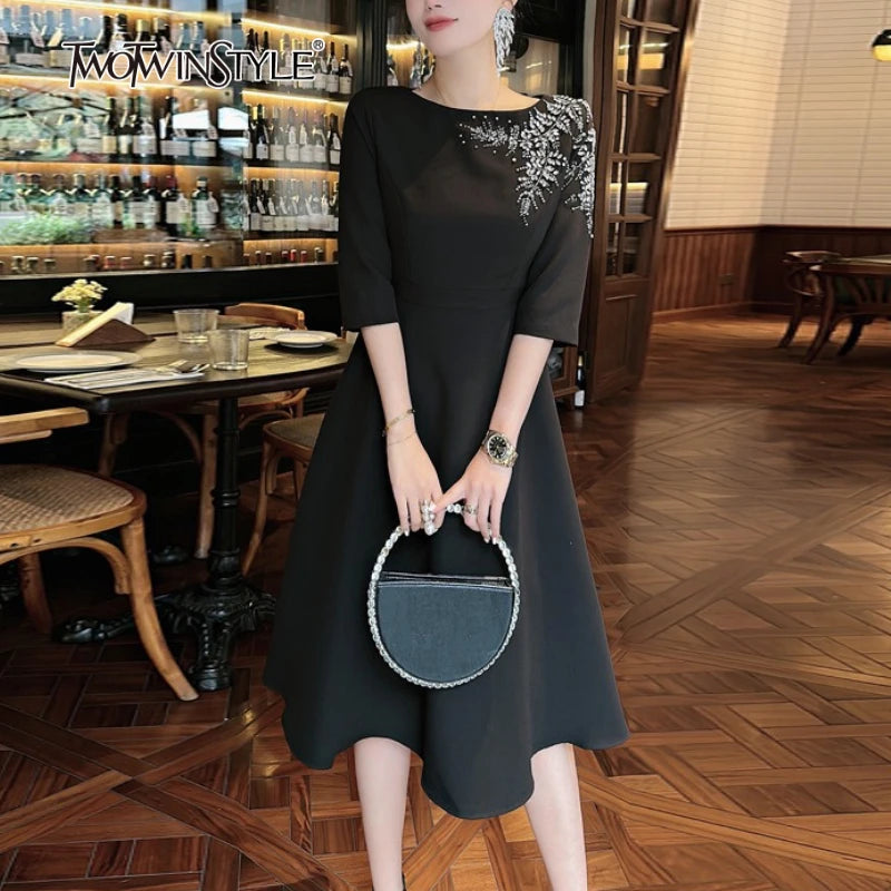 Solid Slimming Elegant Dresses for Women Slash Neck Half Sleeves Patchwork Bead Temperament Dress Female Clothing