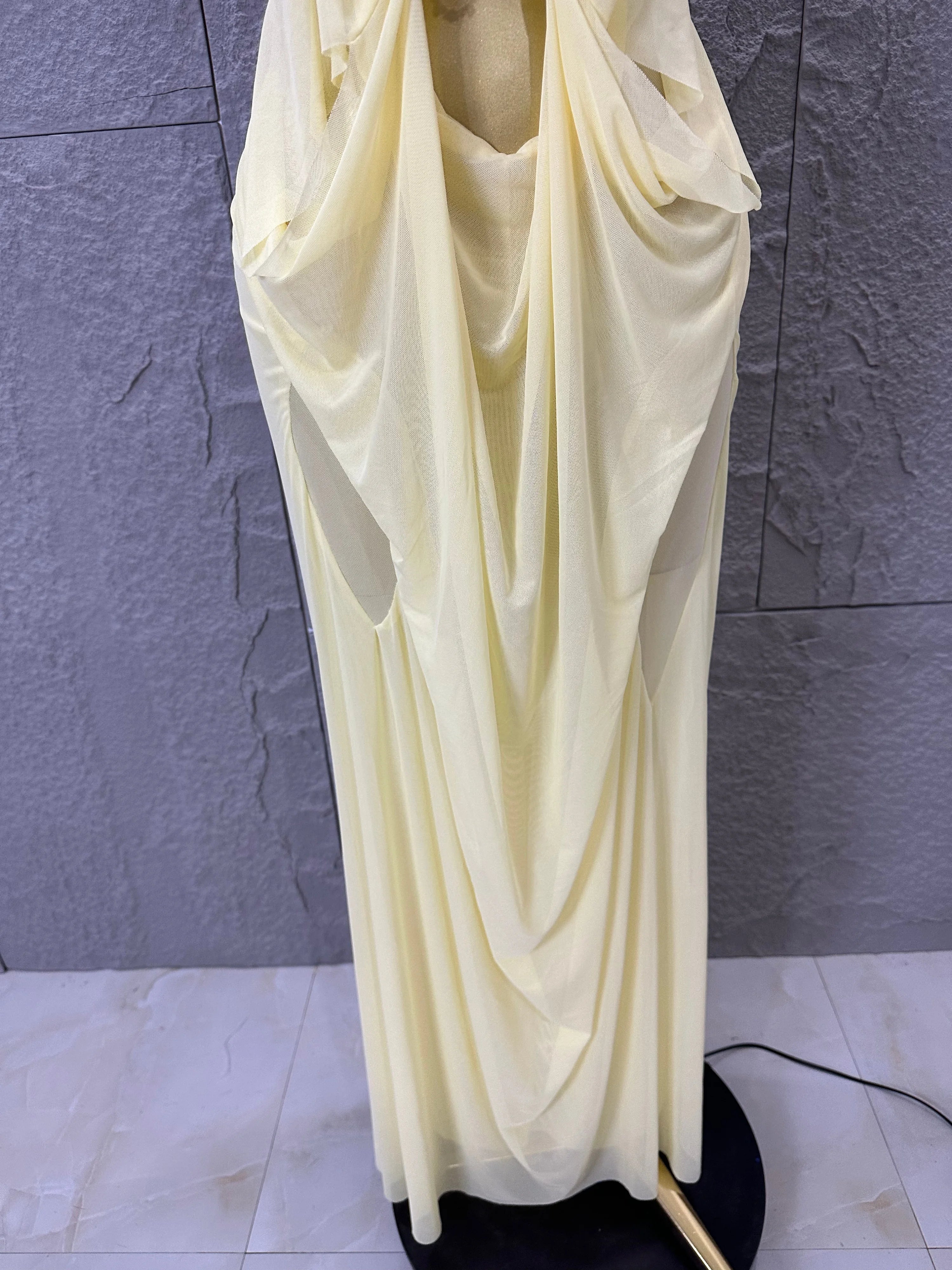 Sexy Halter Neck Maxi Dress Crystal Chain Cutout Ruched Women Sheer Mesh Form Outfit Glamorous Evening Gala Party Costume