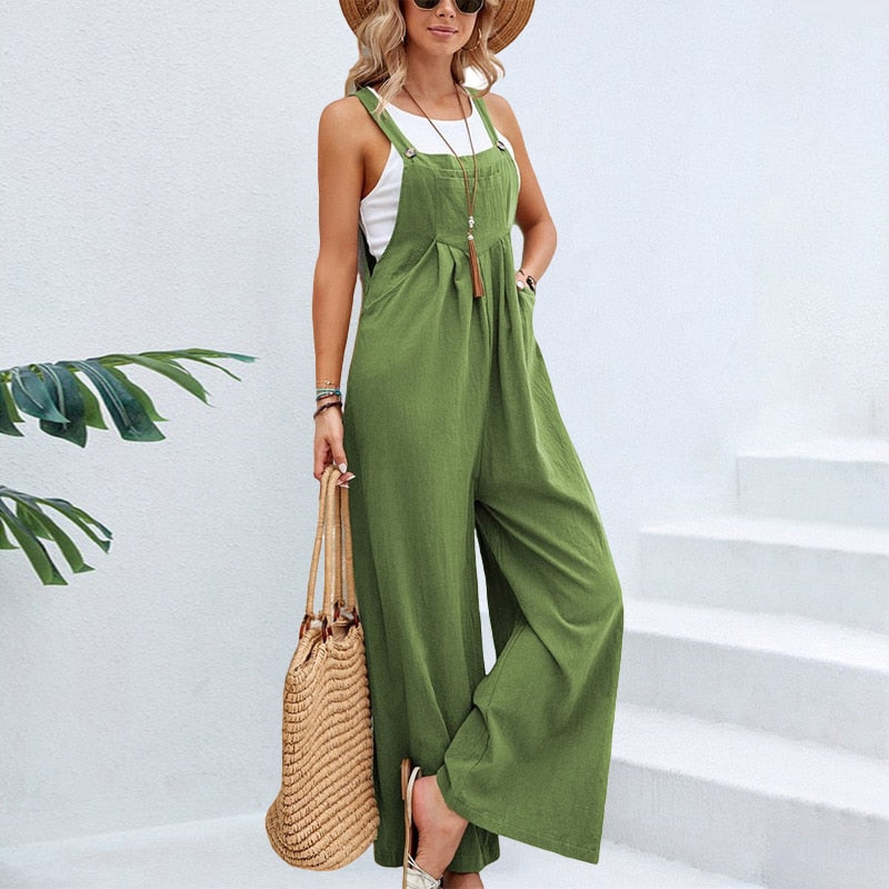 Vintage Cotton Linen Jumpsuit Women 2024 Casual Solid Button Wide Leg Suspender Pants with Pockets Summer Loose Overalls Rompers green