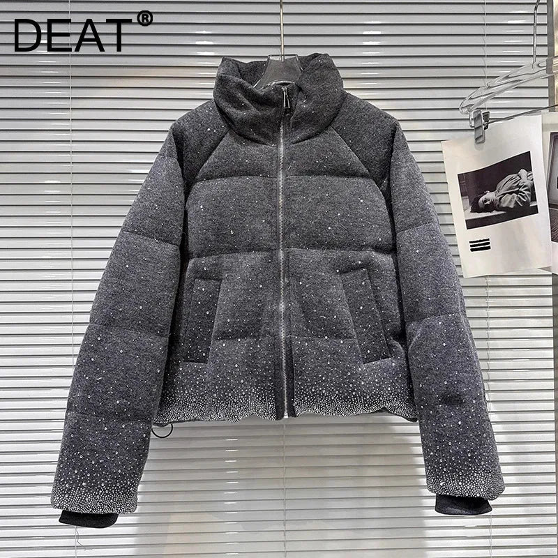 Winter New Trendy Heavy Gradient Rhinestone Stand Collar Zipper Loose Warm Jacket For Women Cotton Coat 11A07646