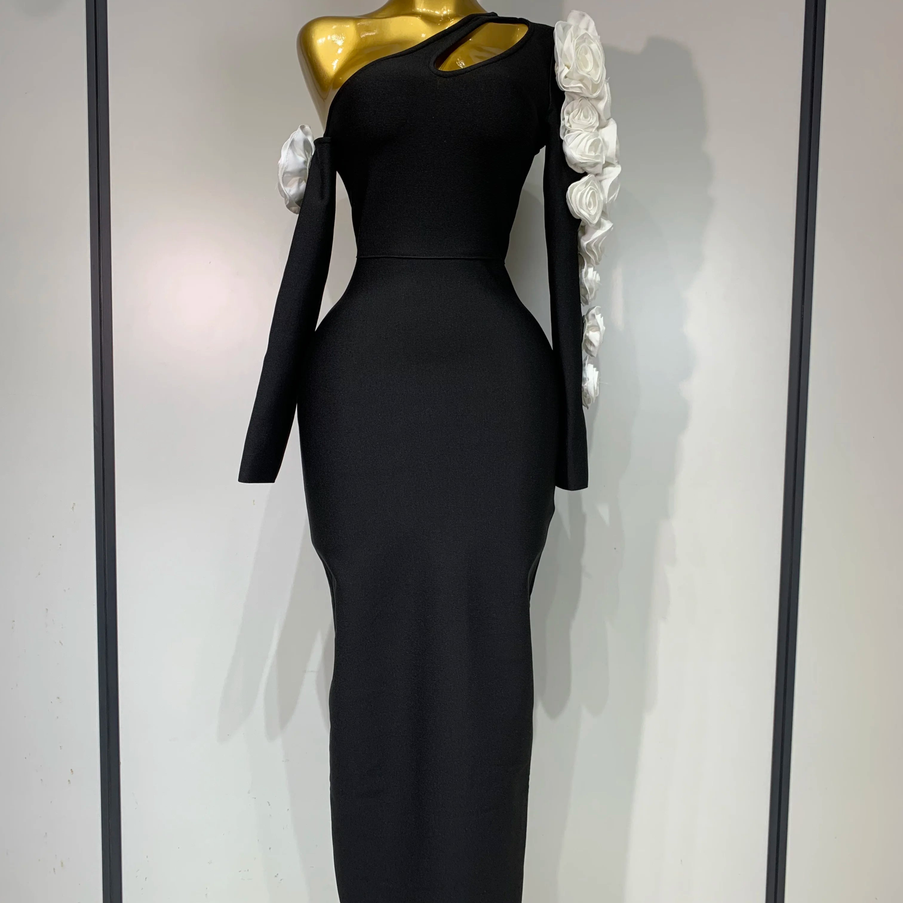 Women Sexy One Shoulder Cut Out Flower Maxi Long Bodycon Bandage Dress Celebrity Elegant Evening Club Birthday Party Dresses black