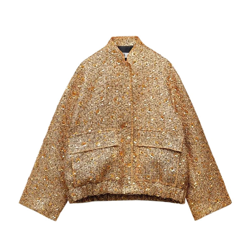 Sequin Women Coat Gold Long Sleeve Stand Collar Gold Female Jacket Autumn Winter Fashion Single Breasted Party Lady Outwear 01 gold