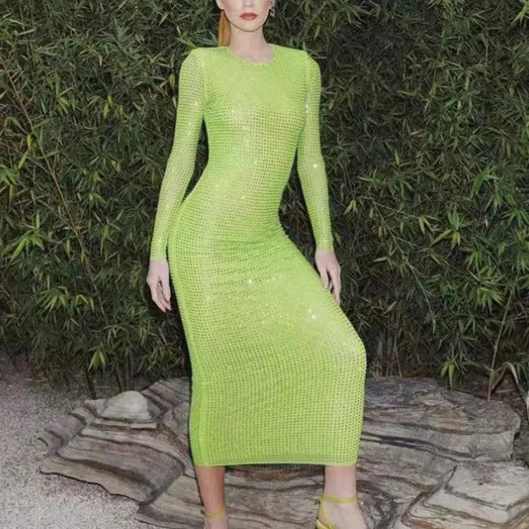 2023 Long Sleeve Diamond Mesh See Through Sexy Bodycon Long Dress Celebrity Nightclub Party Dress Vestido Fluorescent Green