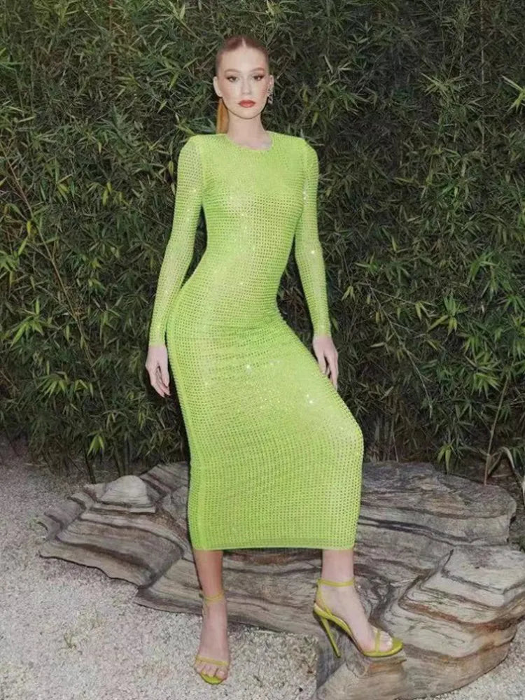 2023 Long Sleeve Diamond Mesh See Through Sexy Bodycon Long Dress Celebrity Nightclub Party Dress Vestido Fluorescent Green