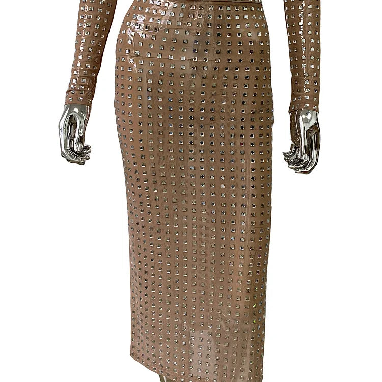 STOCK Sparkling square Diamonds Sexy Mesh See Through Top And Skirt Woman Fashion Set High Street Wear Evening Party Outfit khaki Skirt