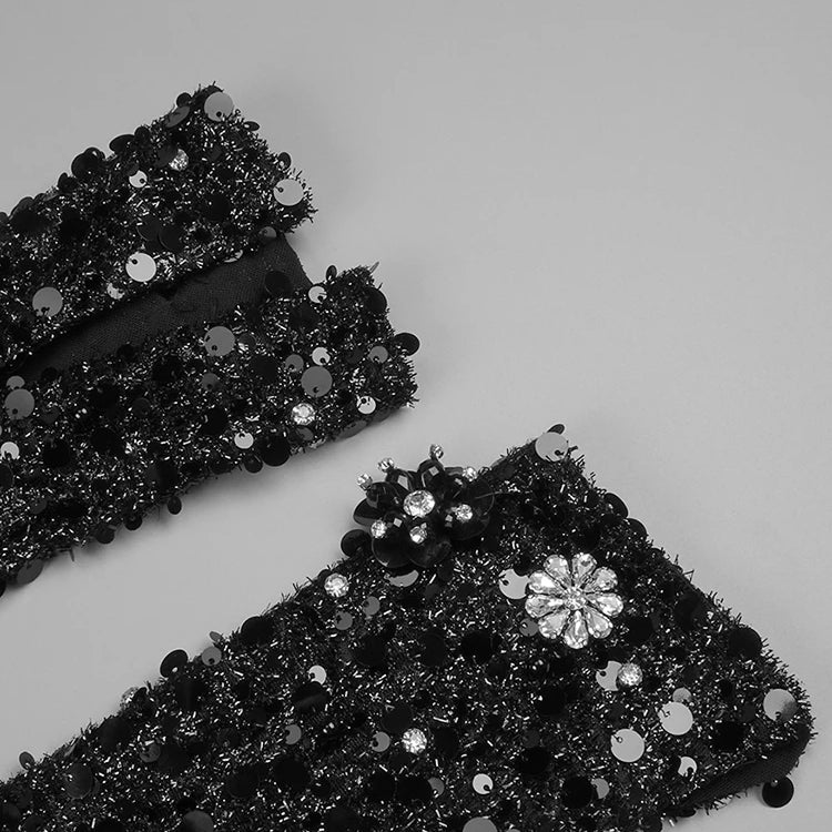 Black Sequins Sweet Heart Neckline Long Dress Hollow Out Low Cut Long Sleeves Diamond Flowers Details Bodycon Evening Gown