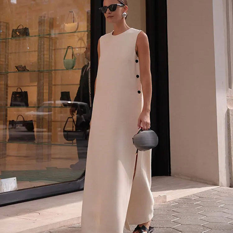 Elegant Sleeveless Button Split Midi Dress Women Summer Casual Round Neck Loose Vestidos Female Fashion High Street Beach Robes