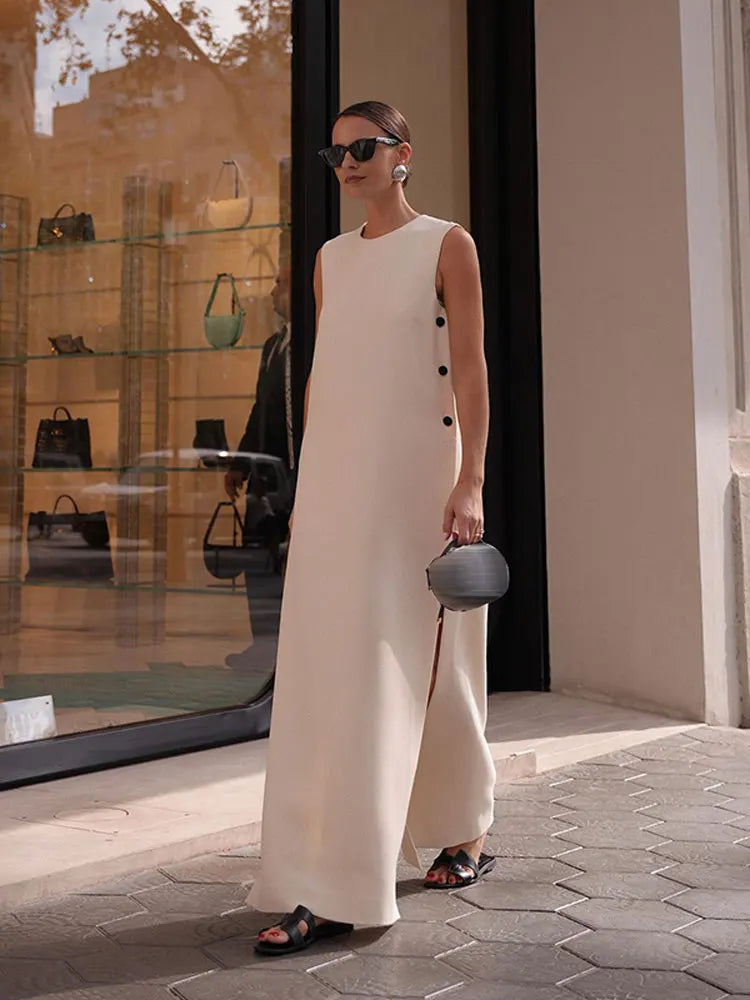 Elegant Sleeveless Button Split Midi Dress Women Summer Casual Round Neck Loose Vestidos Female Fashion High Street Beach Robes