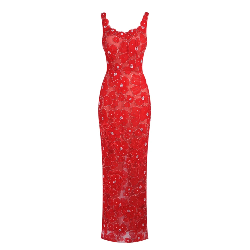 Romantic Sleeveless Red Floral Mermaid Dress for Garden Weddings Party Evening Gown Red