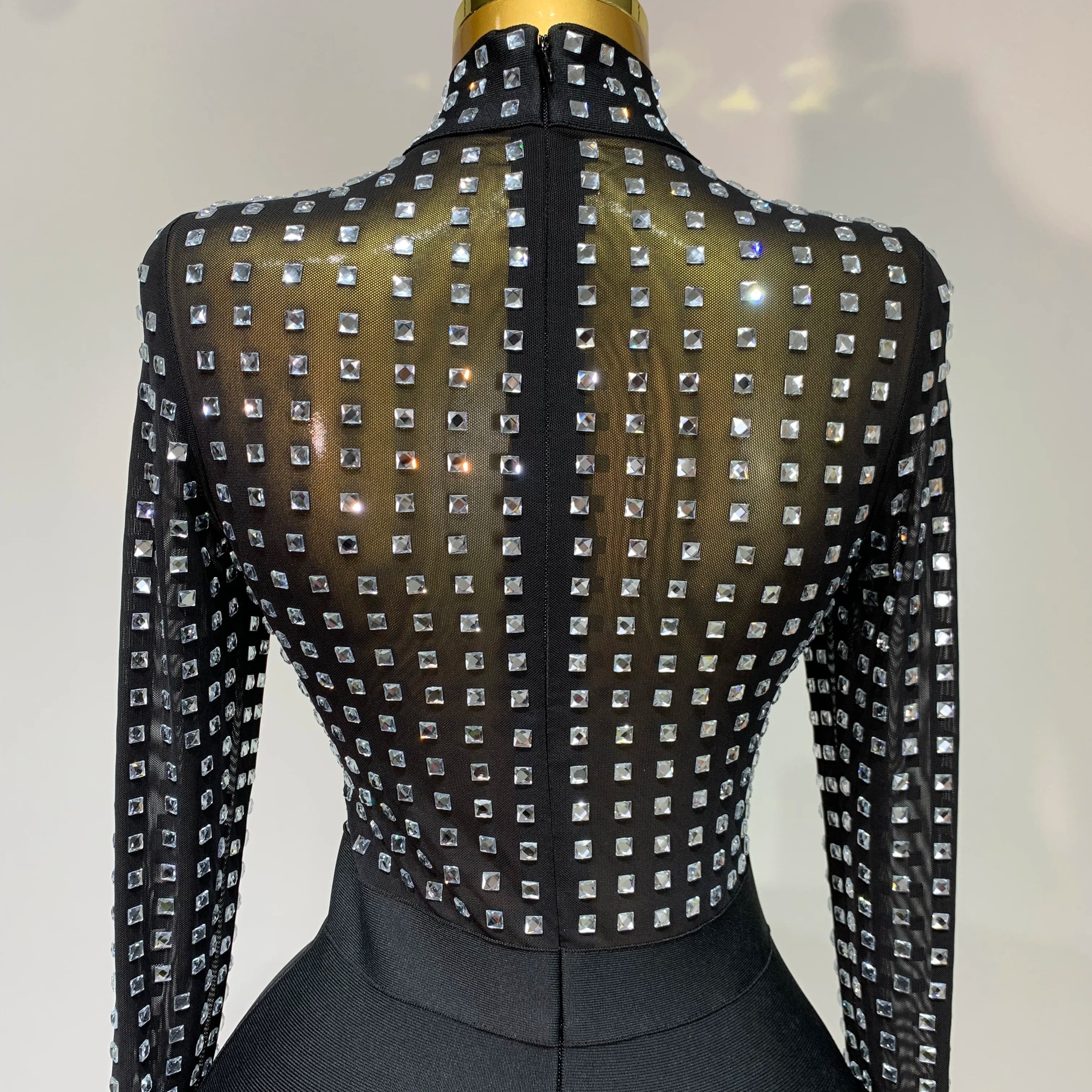 Celebrity Sexy Turtleneck Rhinestones Black Mesh Bodycon Bandage Dress Women 2025 Elegant Evening Club Luxury Birthday Dress