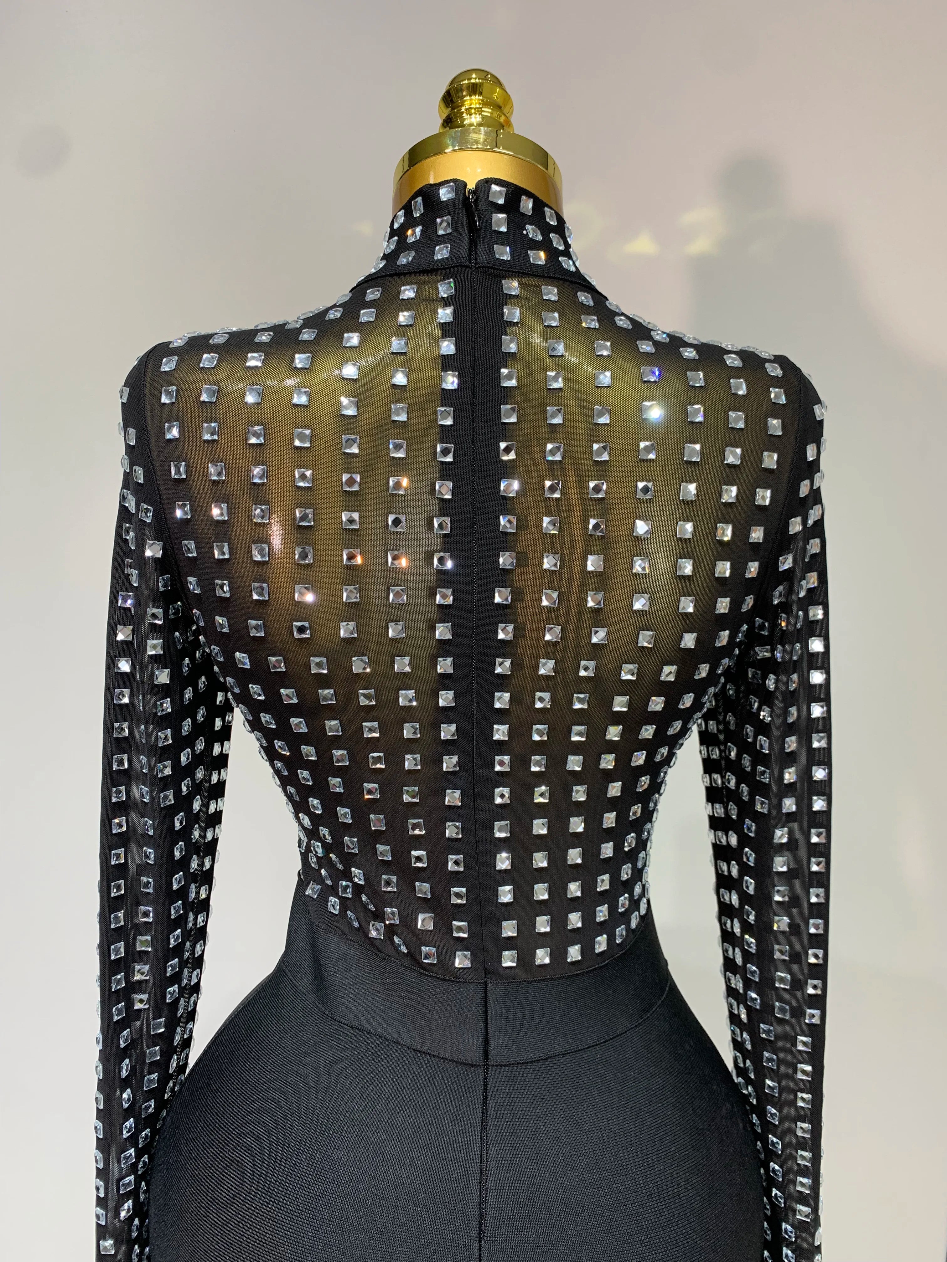 Celebrity Sexy Turtleneck Rhinestones Black Mesh Bodycon Bandage Dress Women 2025 Elegant Evening Club Luxury Birthday Dress