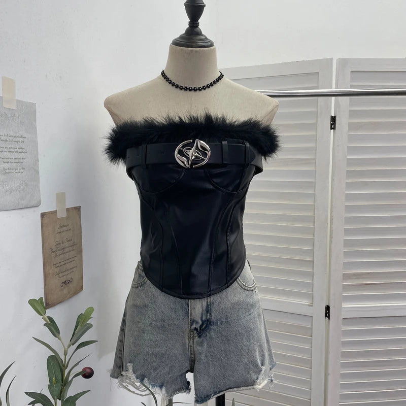 Winter New Fashion Furry Patchwork PU Leather Belt Tank Top Vest For Women Chest Pads Backless Short Tops 11A07915