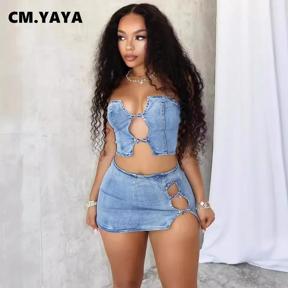 Women Set Sleeveless Denim Strapless Tops and Mini Skirt Suits 2024 Sexy Hollow Out Beach Street Two 2 Piece Set Outfits