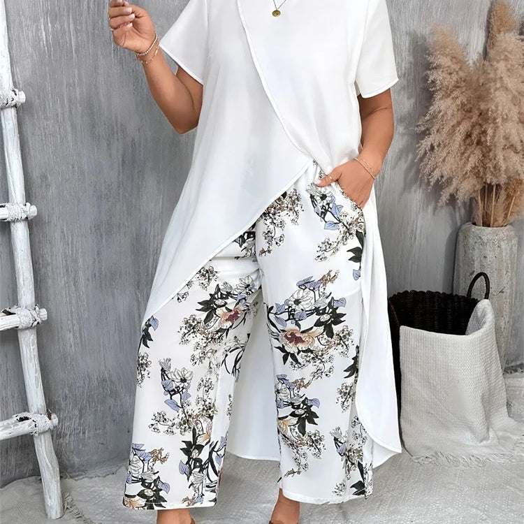Wmstar Plus Size Two Piece Sets Women Wholesale Long Top and Print Wide Leg Summer Matching Suit Fashion Street Wear 2025 WHITE
