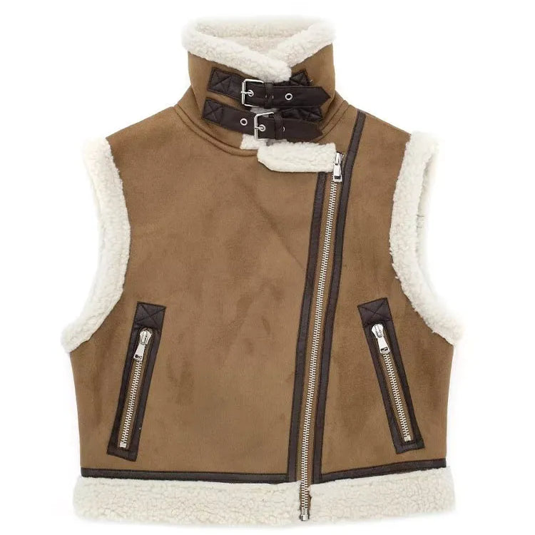 Woman Faux Leather Lambswool Patchwork Sleeveless Vest Autumn Jackets Female Fashion Thickening Warm Zip Waistcoats Coat